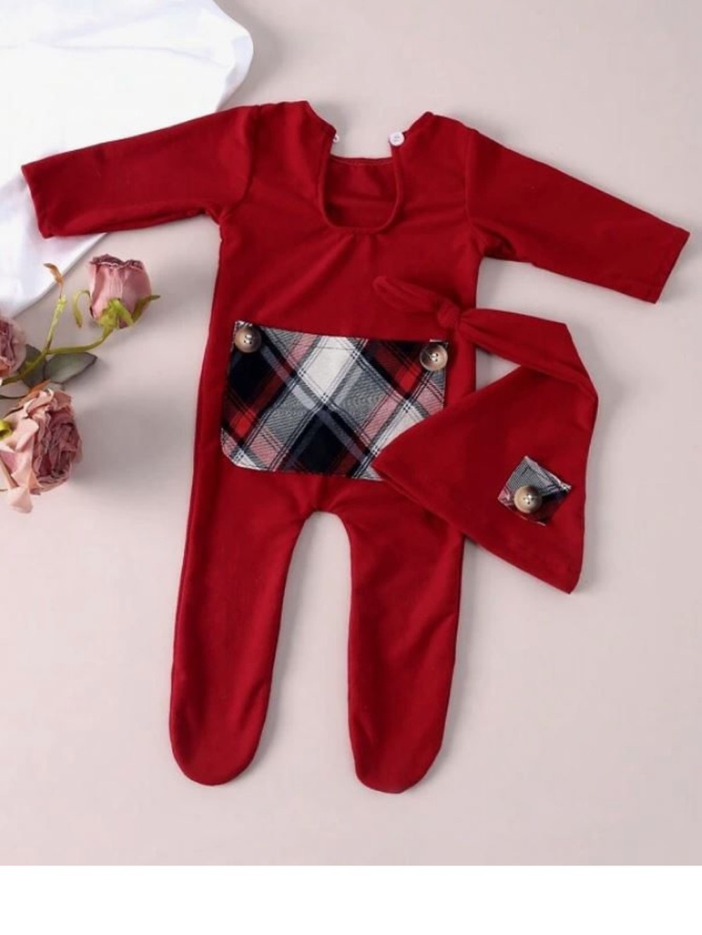 Newborn Photography Set - Red Sleeper with plaid pocket & matching stocking hat